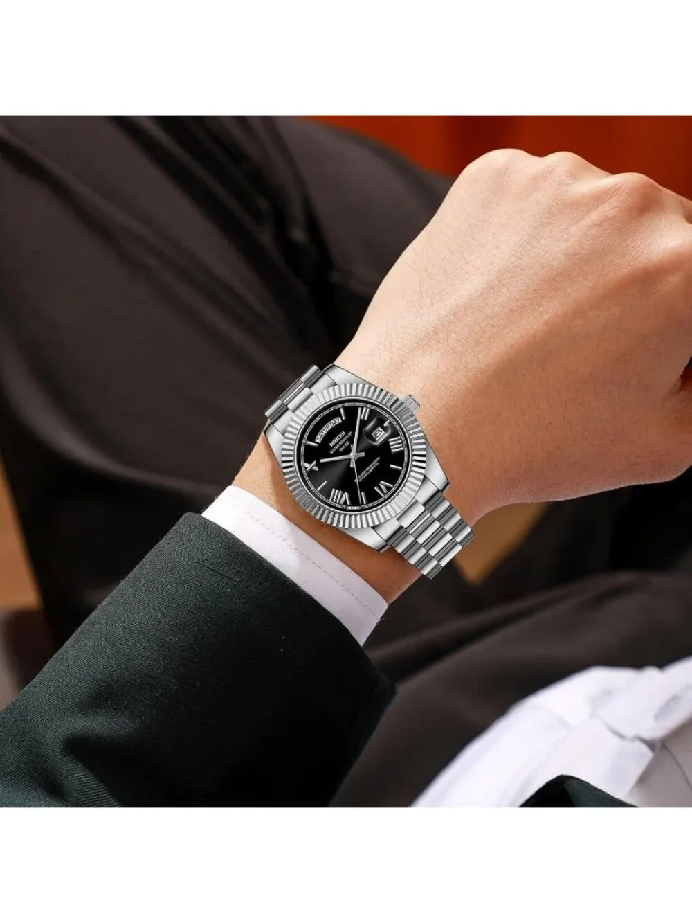 Nibosi Men's Silver Black Analog Quartz Stainless Waterproof Desiger Wrist Watch